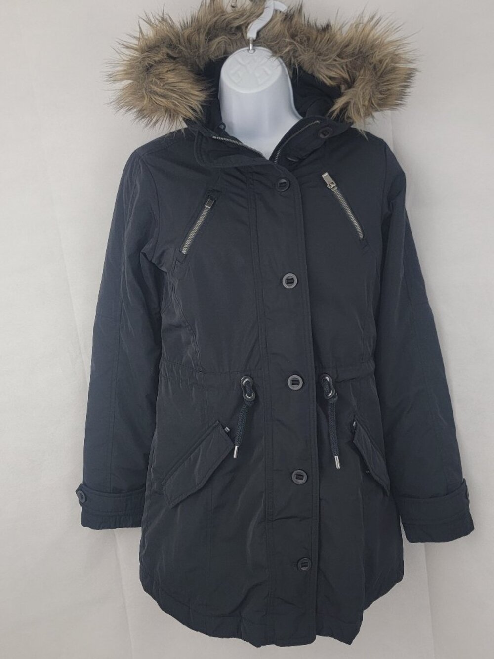 ATHLETA Womens Jacket Sz XS Primaloft Peak Parka BLACK Hooded Faux Fur Trim